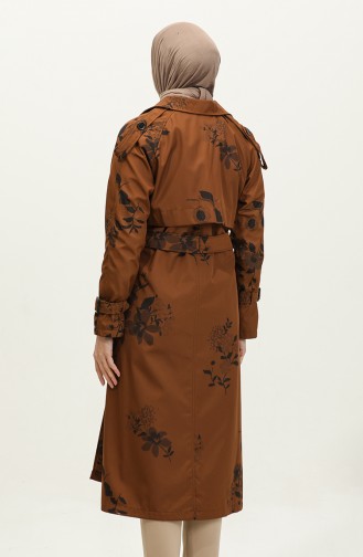 Gevoerde Lange Damestrenchcoat Met Bloemenmotief Bruin 6826.Taba