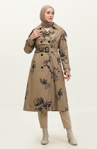 Floral Patterned Lined Long Women`s Trench Coat Mink 6826.Vizon