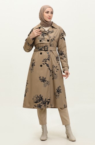 Trench-Coat Long Femme Doublé À Motifs Floraux Vison 6826.Vizon