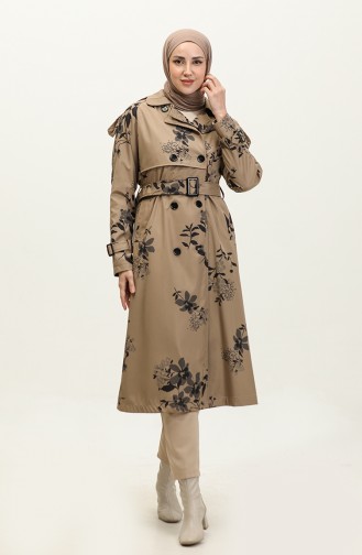 Trench-Coat Long Femme Doublé À Motifs Floraux Vison 6826.Vizon