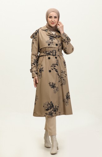 Floral Patterned Lined Long Women`s Trench Coat Mink 6826.Vizon