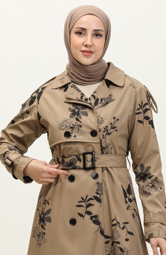 Floral Patterned Lined Long Women`s Trench Coat Mink 6826.Vizon