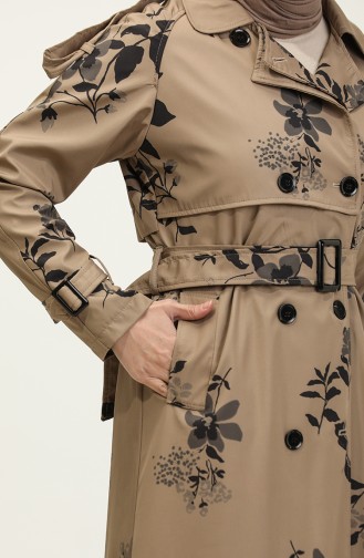 Floral Patterned Lined Long Women`s Trench Coat Mink 6826.Vizon