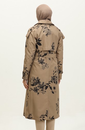 Floral Patterned Lined Long Women`s Trench Coat Mink 6826.Vizon