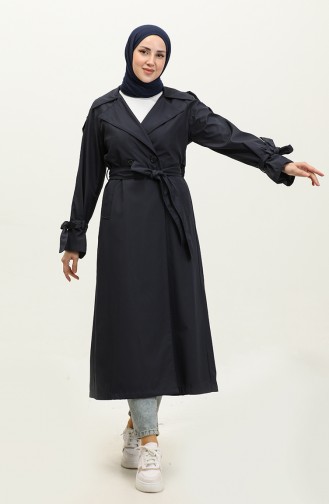 Lange Seizoensgevoerde Trenchcoat Met Raglanmouwen Marineblauw 6905.Lacivert