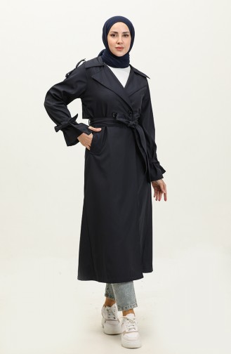 Langer Saisonal Gefütterter Trenchcoat Mit Einem Knopf Und Raglanärmeln In Marineblau 6905.Lacivert