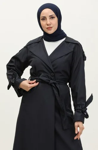 Trench-coat Long Doublé De Saison à Manches Raglan à Bouton Unique Bleu Marine 6905.Lacivert