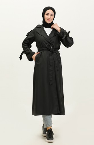 Langer Saisonal Gefütterter Trenchcoat Mit Einem Knopf Und Raglanärmeln In Schwarz 6905.Siyah