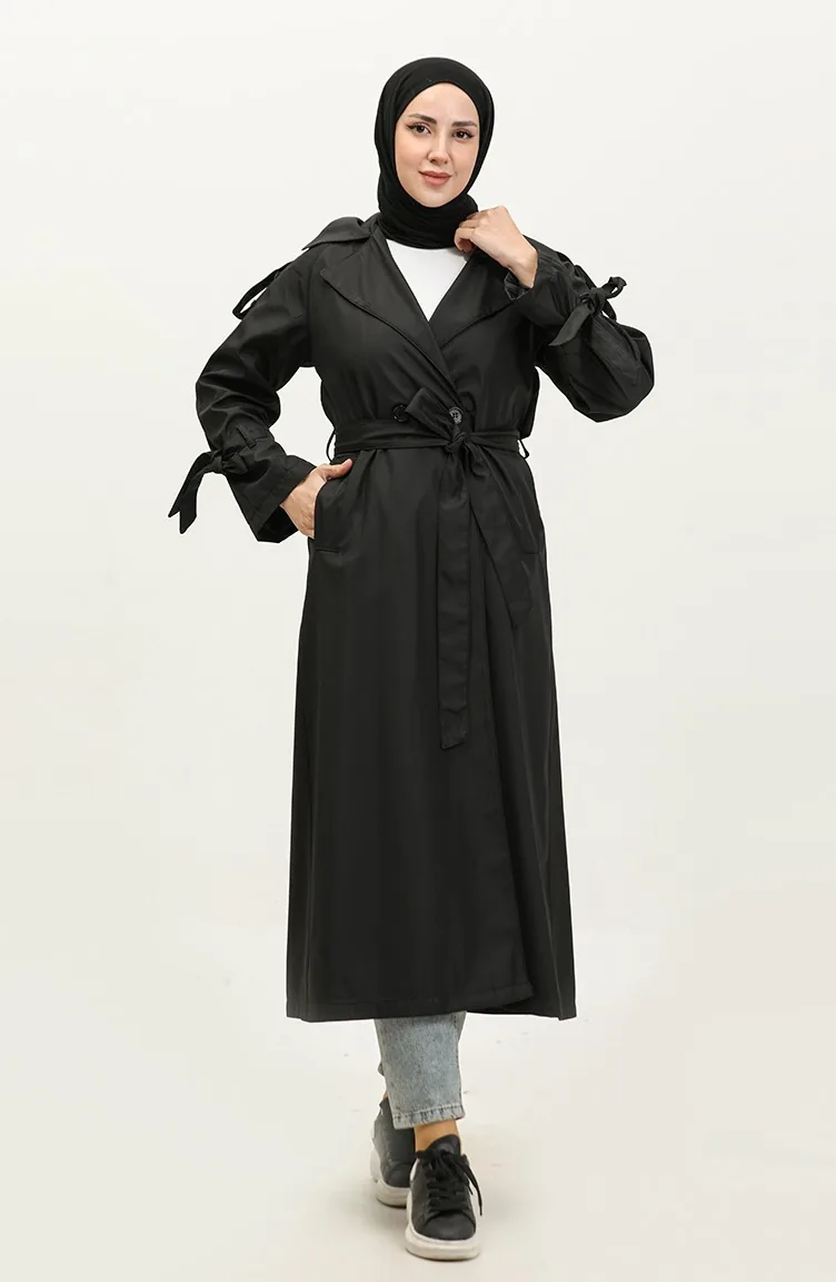 Lange Seizoensgevoerde Trenchcoat Met Raglanmouwen Met één Knoop Zwart 6905.Siyah