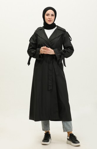 Langer Saisonal Gefütterter Trenchcoat Mit Einem Knopf Und Raglanärmeln In Schwarz 6905.Siyah