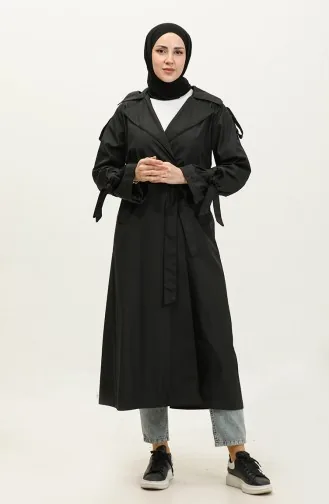 Lange Seizoensgevoerde Trenchcoat Met Raglanmouwen Met één Knoop Zwart 6905.Siyah