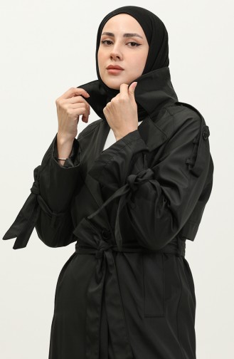 Langer Saisonal Gefütterter Trenchcoat Mit Einem Knopf Und Raglanärmeln In Schwarz 6905.Siyah