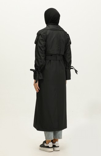 Langer Saisonal Gefütterter Trenchcoat Mit Einem Knopf Und Raglanärmeln In Schwarz 6905.Siyah