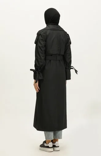 Lange Seizoensgevoerde Trenchcoat Met Raglanmouwen Met één Knoop Zwart 6905.Siyah