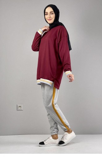 008Wst Geripptes Gestreiftes Sweatshirt In Weinrot 5561