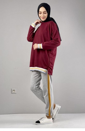 008Wst Geripptes Gestreiftes Sweatshirt In Weinrot 5561