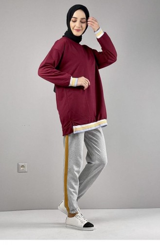 008Wst Geripptes Gestreiftes Sweatshirt In Weinrot 5561