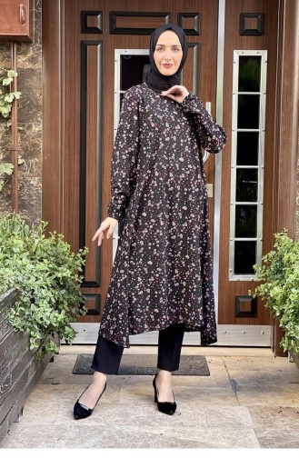 1813Cvn Floral Patterned Hijab Tunic Black 5915