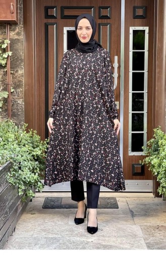 1813Cvn Floral Patterned Hijab Tunic Black 5915