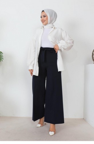 0658Gln Pantalon Large Noué À La Taille Bleu Marine 6207