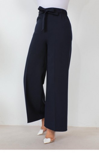0658Gln Pantalon Large Noué À La Taille Bleu Marine 6207