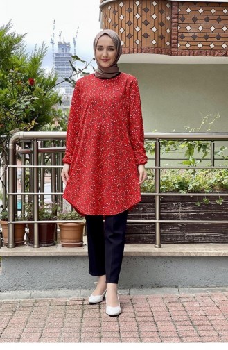 تونيك للحجاب بتصميم مُطبع 1806-05 لون أحمر 1806-05