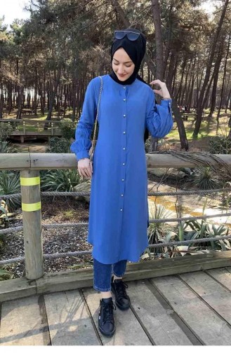 Ballonmanschettenknopf Detaillierte Hijab-Tunika 0118-04 Indigo 0118-04