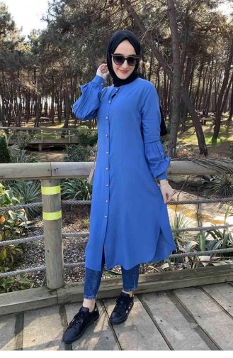 Ballonmanschettenknopf Detaillierte Hijab-Tunika 0118-04 Indigo 0118-04