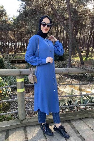 Ballonmanschettenknopf Detaillierte Hijab-Tunika 0118-04 Indigo 0118-04
