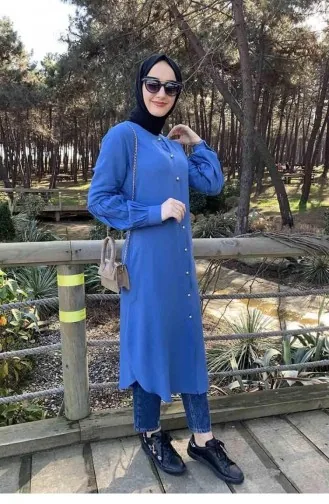 Ballonmanschettenknopf Detaillierte Hijab-Tunika 0118-04 Indigo 0118-04