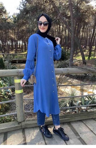 Ballonmanschettenknopf Detaillierte Hijab-Tunika 0118-04 Indigo 0118-04