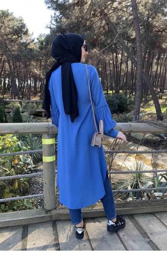 Ballonmanschettenknopf Detaillierte Hijab-Tunika 0118-04 Indigo 0118-04