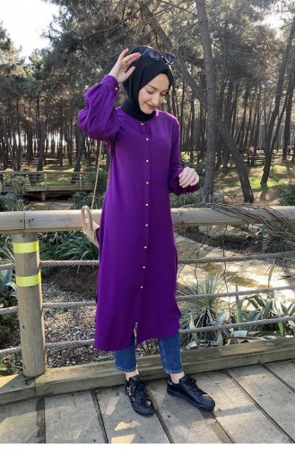 Balloon Cuff Button Detailed Hijab Tunic 0118-07 Purple 0118-07