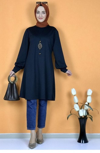 Halskette Detaillierte Hijab-Tunika 0120-06 Marineblau 0120-06