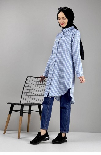 Gingham Patterned Tunic 0128-06 Baby Blue 0128-06