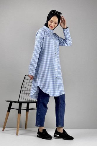 Gingham Patterned Tunic 0128-06 Baby Blue 0128-06