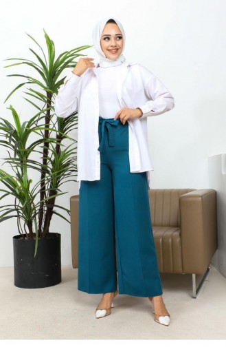 Waist Tied Wide Leg Trousers 0658-01 Petrol 0658-01