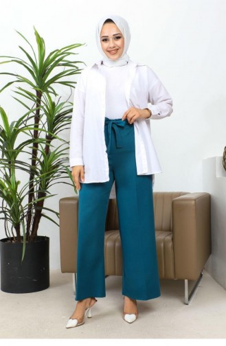 Waist Tied Wide Leg Trousers 0658-01 Petrol 0658-01