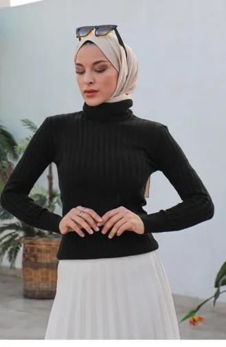 0028Mp Dikey Çizgili Triko Kazak Siyah
