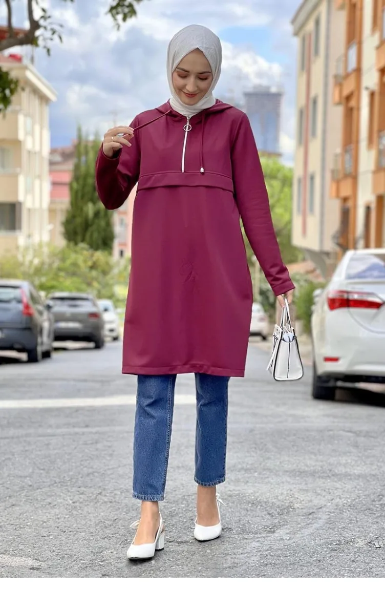 1507Tgm Fermuarlı Tunik Bordo