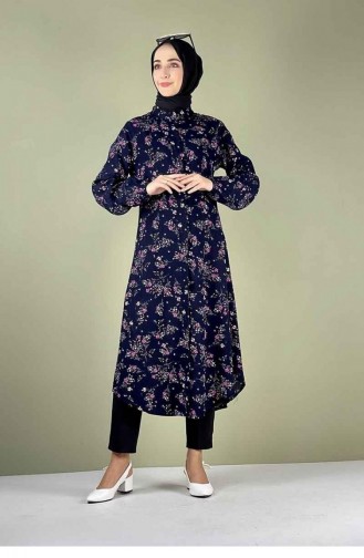 Patterned Tunic 0143-01 Navy Blue 0143-01