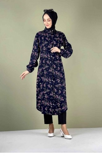 Patterned Tunic 0143-01 Navy Blue 0143-01