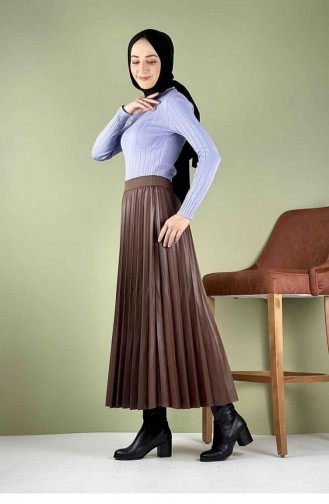 5228Nrs Pleated Leather Skirt Brown 7759
