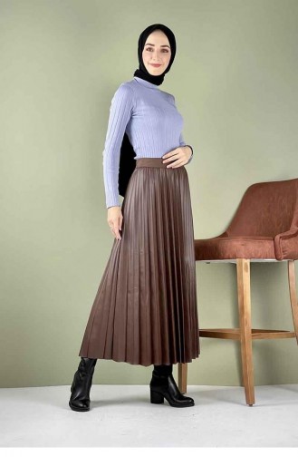 5228Nrs Pleated Leather Skirt Brown 7759