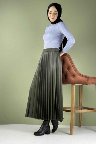 Pleated Leather Skirt 5228-04 Khaki 5228-04