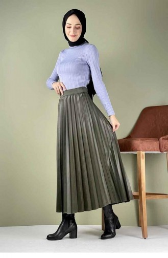 Pleated Leather Skirt 5228-04 Khaki 5228-04