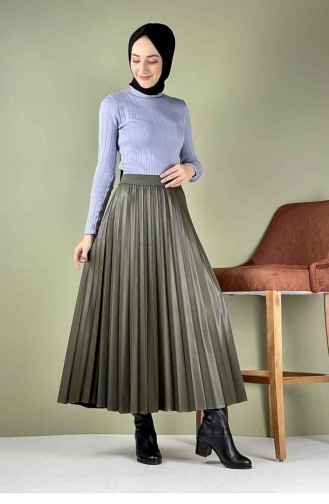 Pleated Leather Skirt 5228-04 Khaki 5228-04