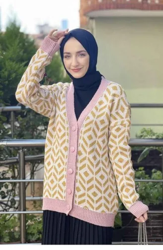 0104Lly Jacquard-gemusterter Strick-Cardigan Puder 7859