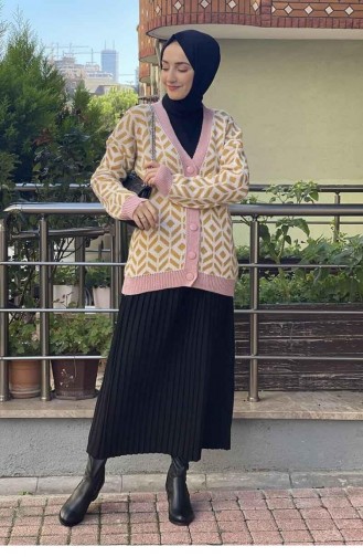 0104Lly Jacquard-gemusterter Strick-Cardigan Puder 7859
