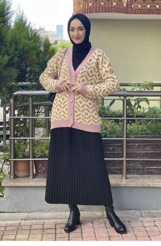 0104Lly Jacquard-gemusterter Strick-Cardigan Puder 7859